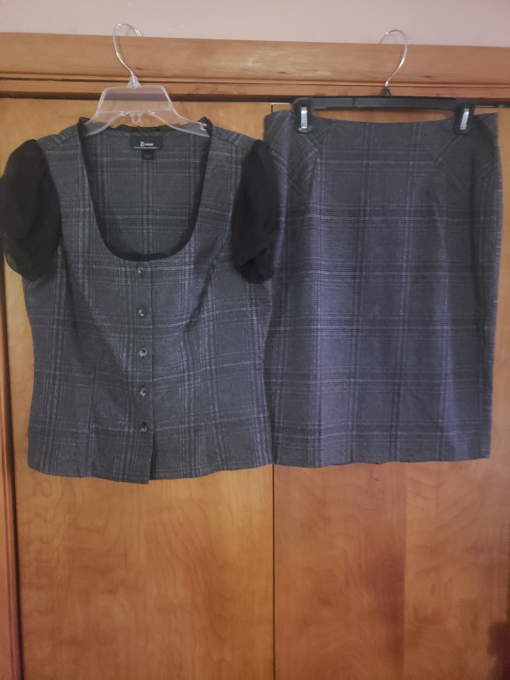 Gray Plaid Pencil Skirt With Coordinating Button-Front Top